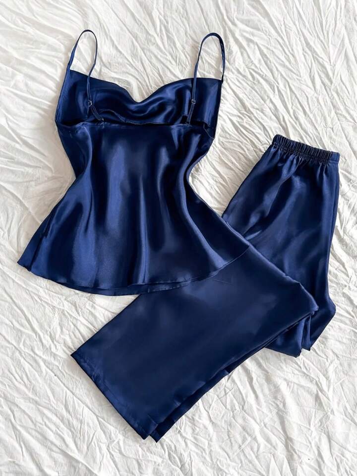 Women's Satin Pajama 2pcs - Cowl Neck Backless Cami Top & Pants