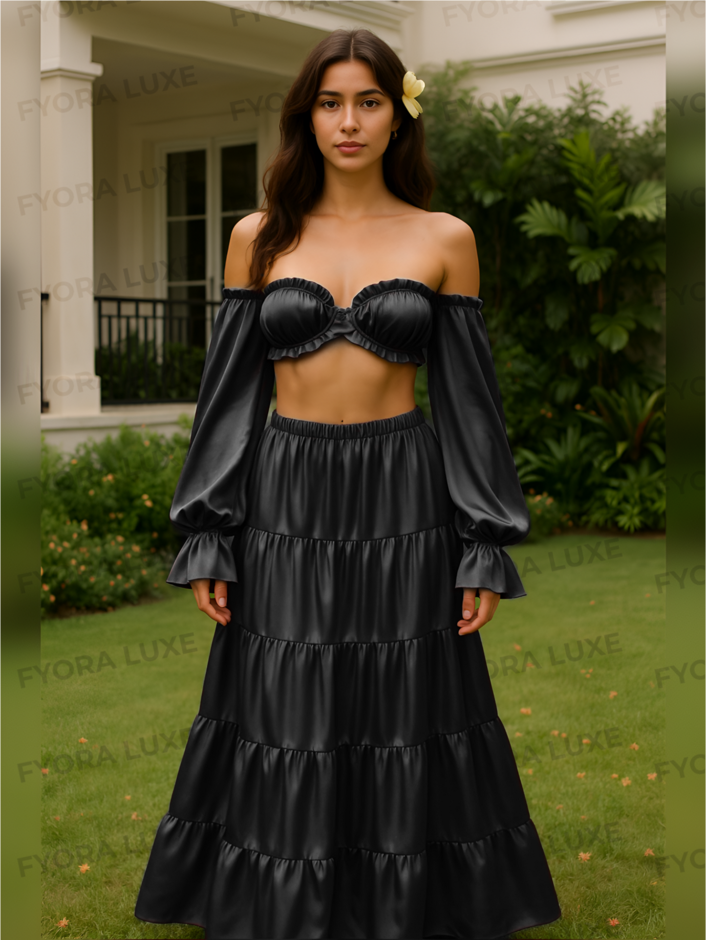 Elegant Silk 2pc Set – Off-Shoulder & Tiered Skirt