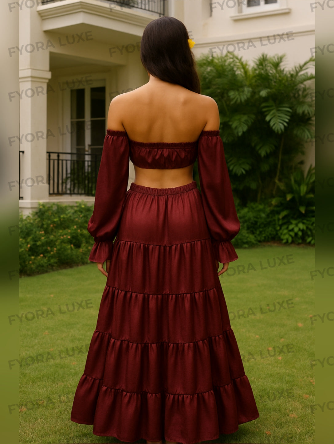 Elegant Silk 2pc Set – Off-Shoulder & Tiered Skirt