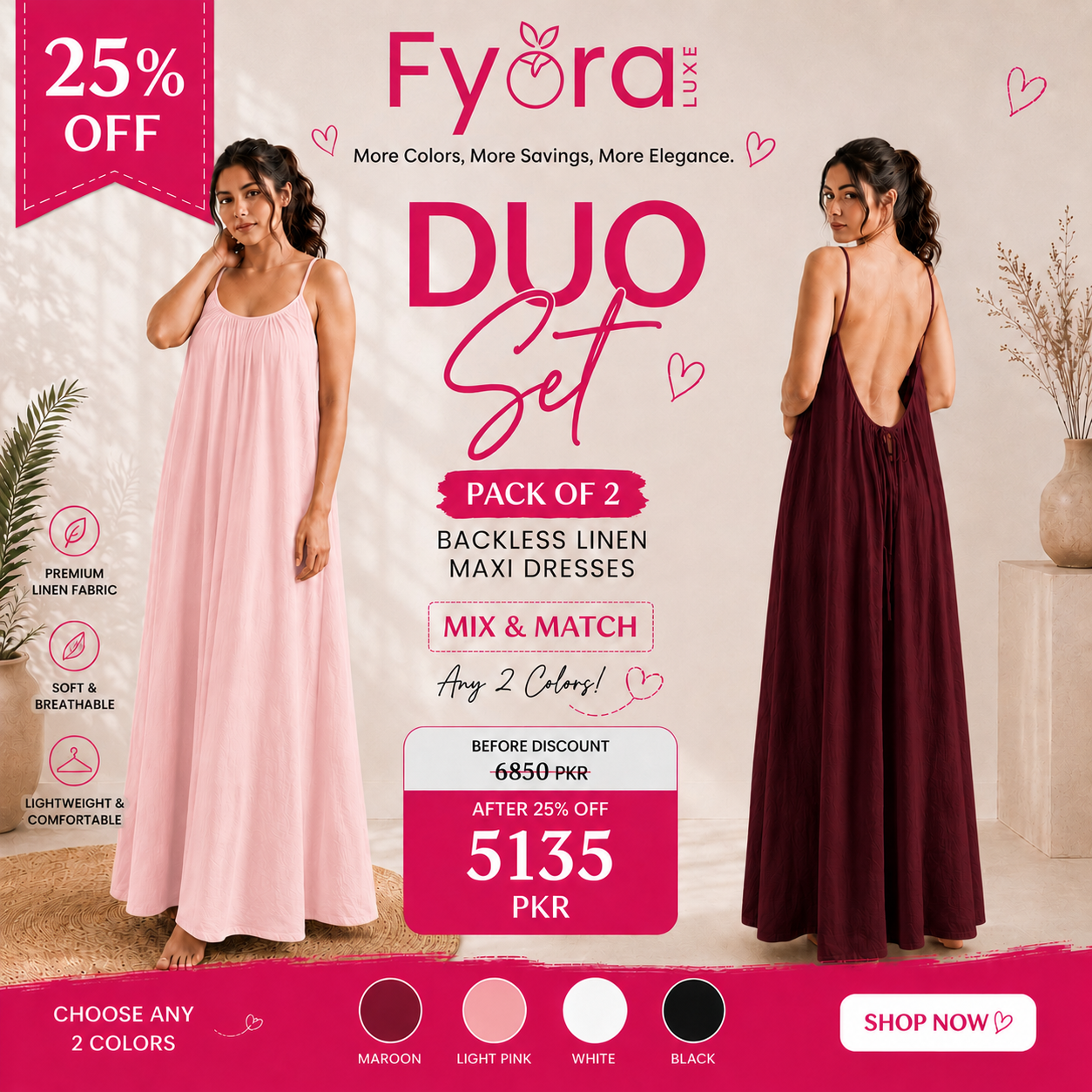 Backless Linen Maxi Duo Set - Mix & Match (Pack of 2)
