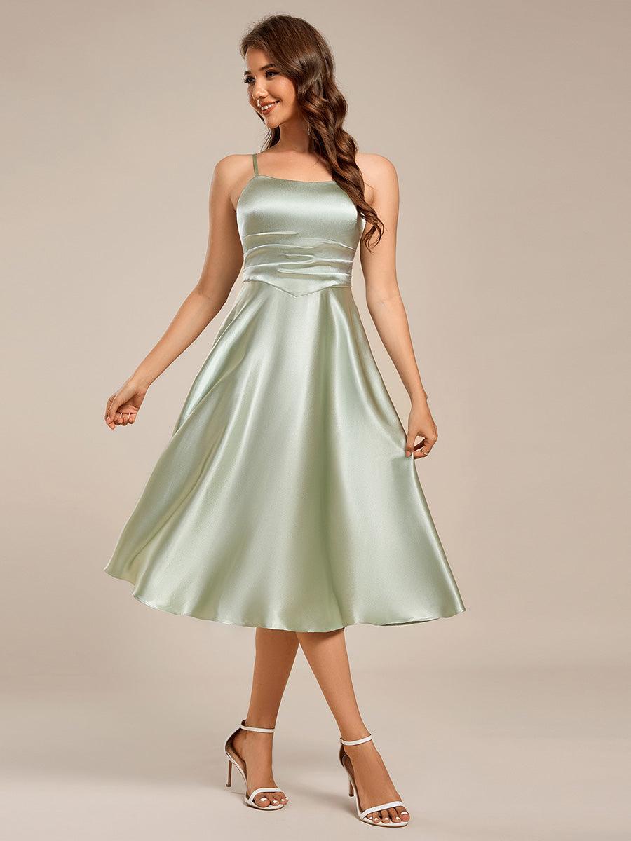 Spaghetti Strap Pleated A-Line Midi Satin Wedding Guest Dress