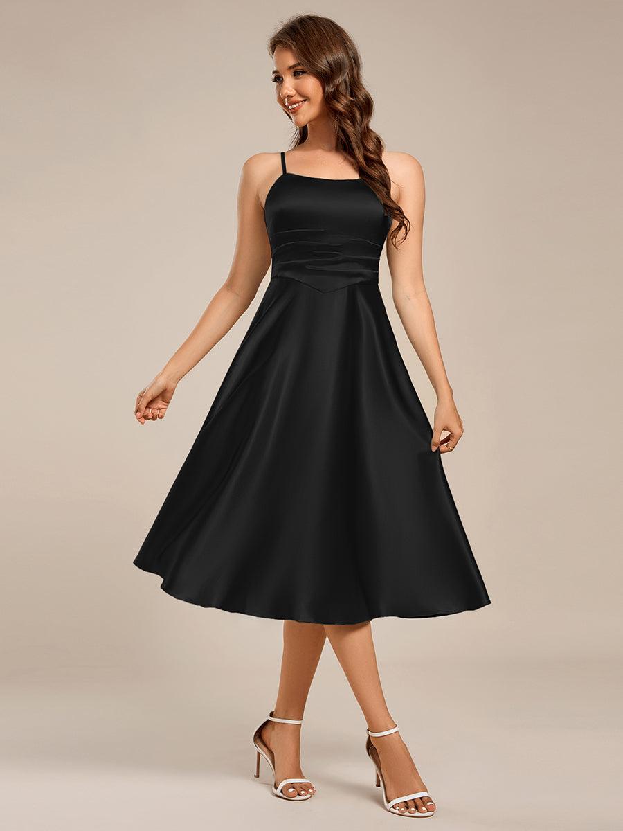 Spaghetti Strap Pleated A-Line Midi Satin Wedding Guest Dress