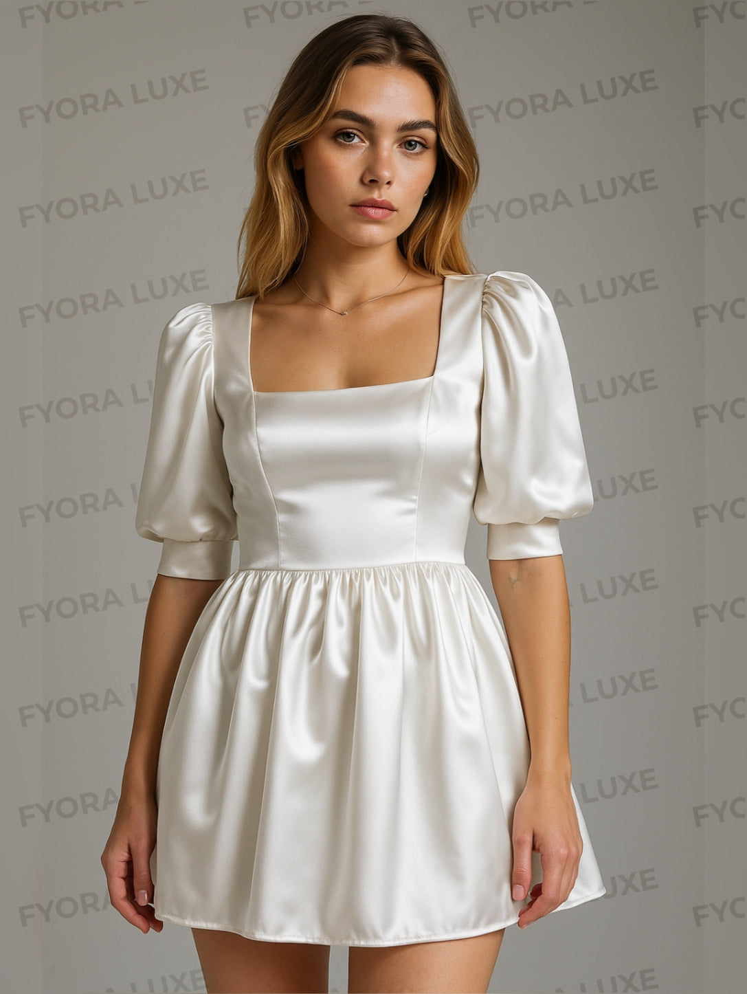 Silky Square Neck Puff Sleeve Mini Dress