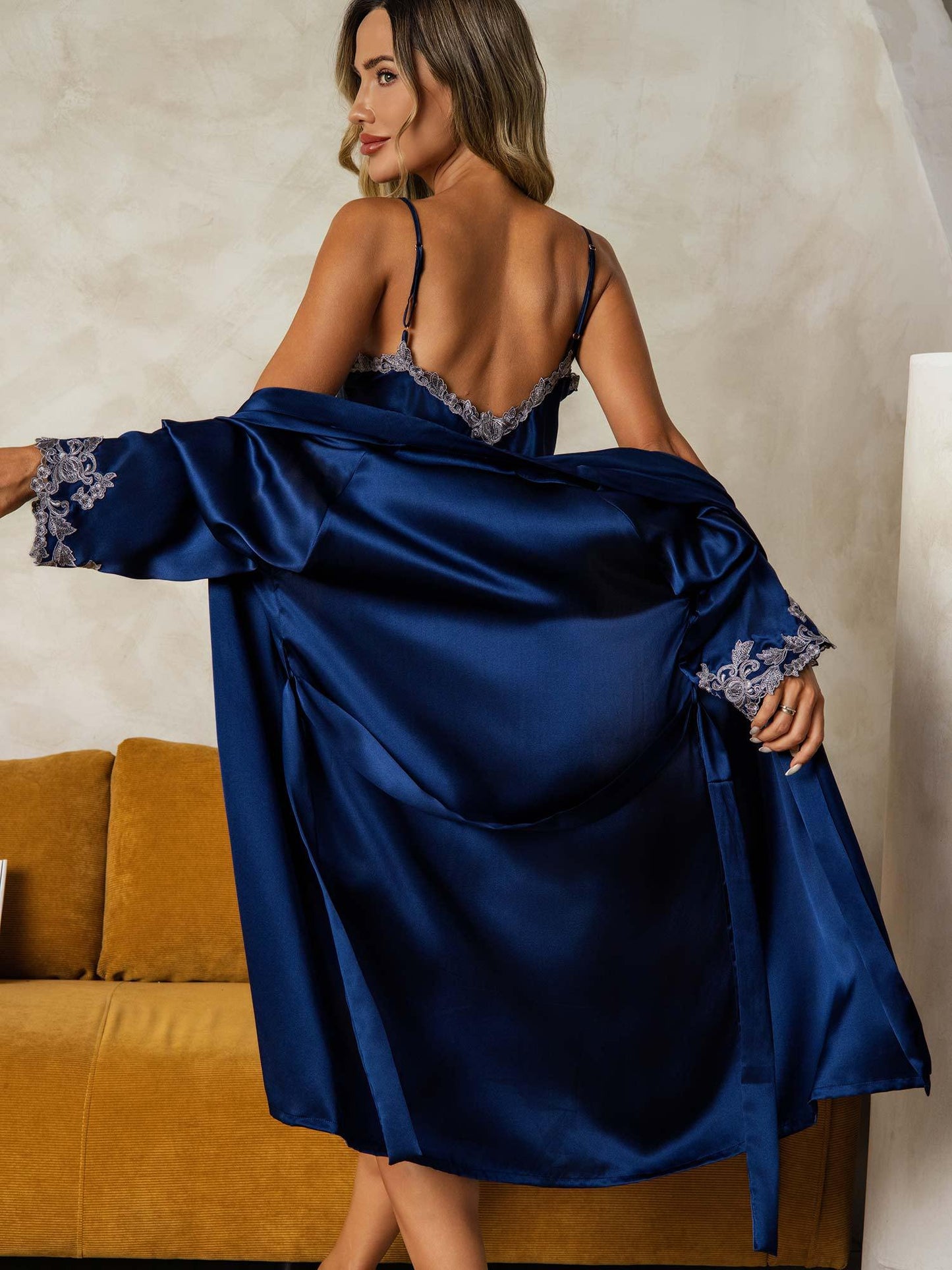 Lacy Silk Nightgown & Robe Set 2Pcs
