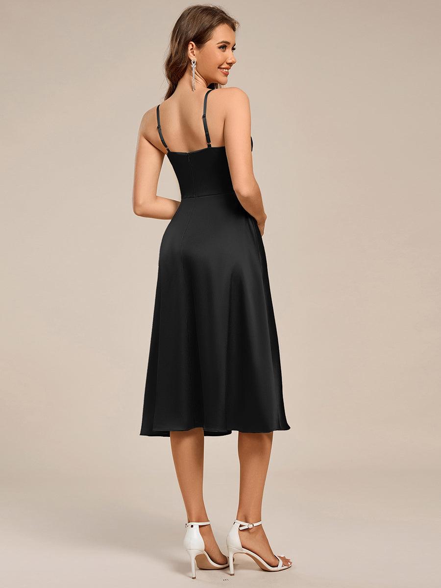 Spaghetti Strap Pleated A-Line Midi Satin Wedding Guest Dress