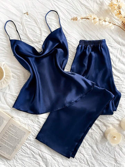 Women's Satin Pajama 2pcs - Cowl Neck Backless Cami Top & Pants
