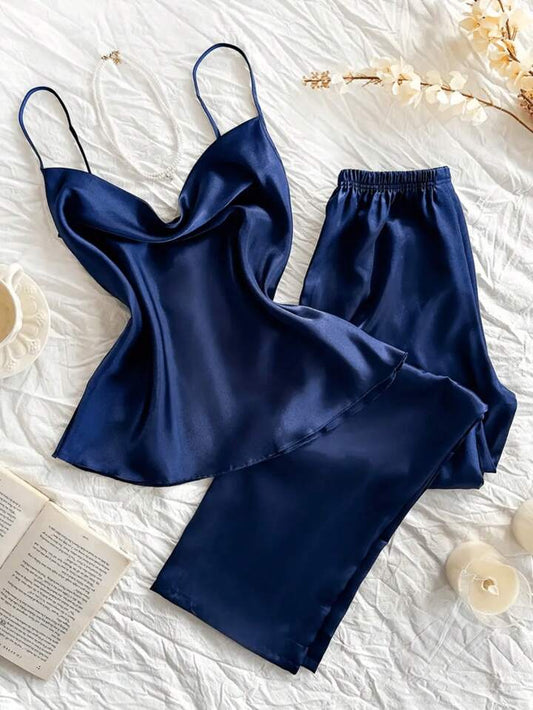 Women's Satin Pajama 2pcs - Cowl Neck Backless Cami Top & Pants