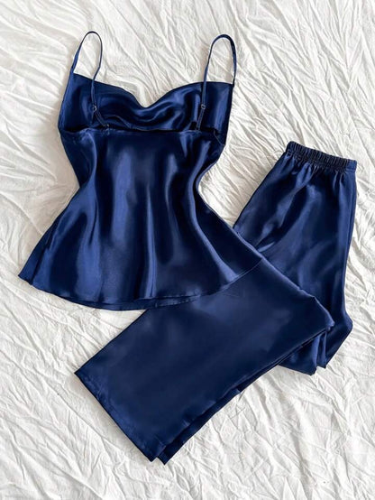 Women's Satin Pajama 2pcs - Cowl Neck Backless Cami Top & Pants
