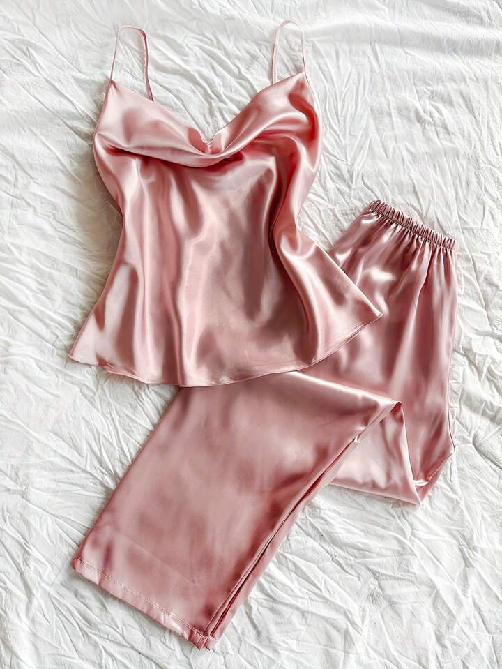Women's Satin Pajama 2pcs - Cowl Neck Backless Cami Top & Pants