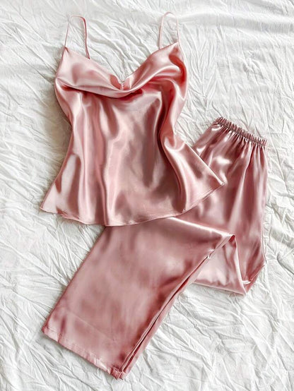 Women's Satin Pajama 2pcs - Cowl Neck Backless Cami Top & Pants