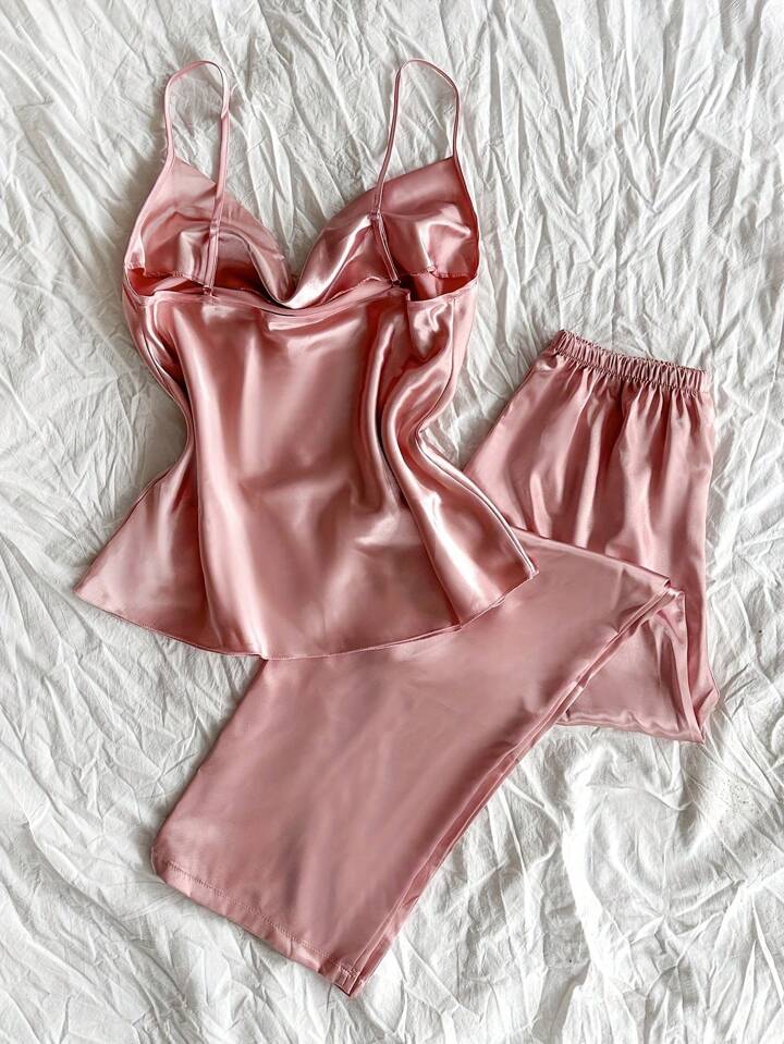 Women's Satin Pajama 2pcs - Cowl Neck Backless Cami Top & Pants