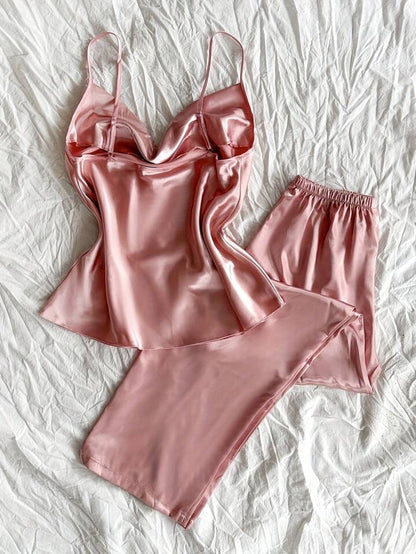 Women's Satin Pajama 2pcs - Cowl Neck Backless Cami Top & Pants