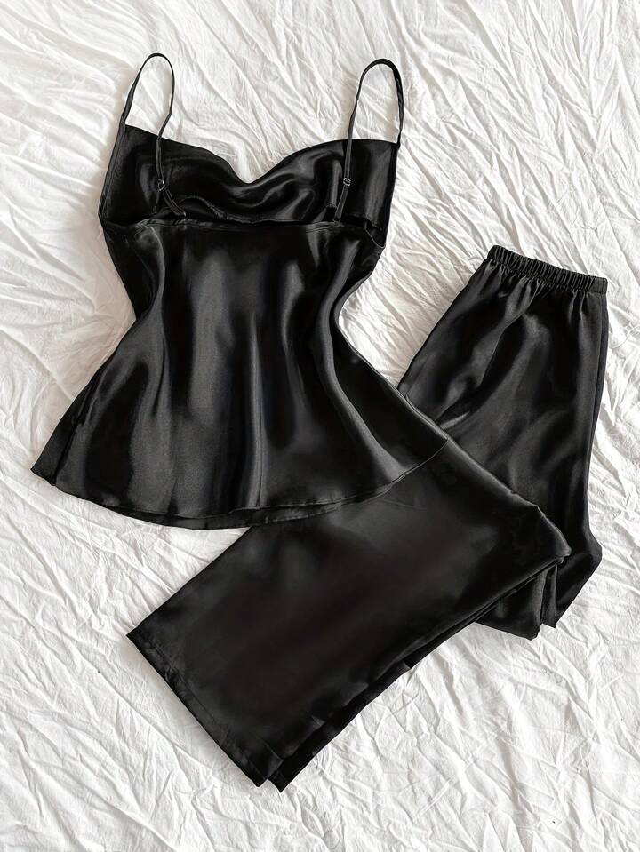 Women's Satin Pajama 2pcs - Cowl Neck Backless Cami Top & Pants