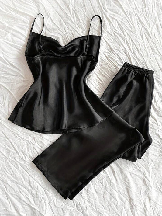 Women's Satin Pajama 2pcs - Cowl Neck Backless Cami Top & Pants