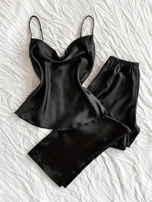 Women's Satin Pajama 2pcs - Cowl Neck Backless Cami Top & Pants