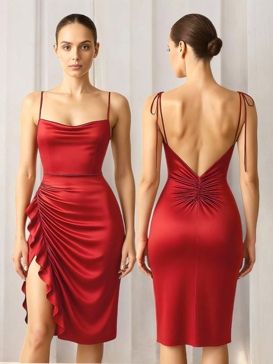 Opulent Satin Ruched Ruffle Midi Dress