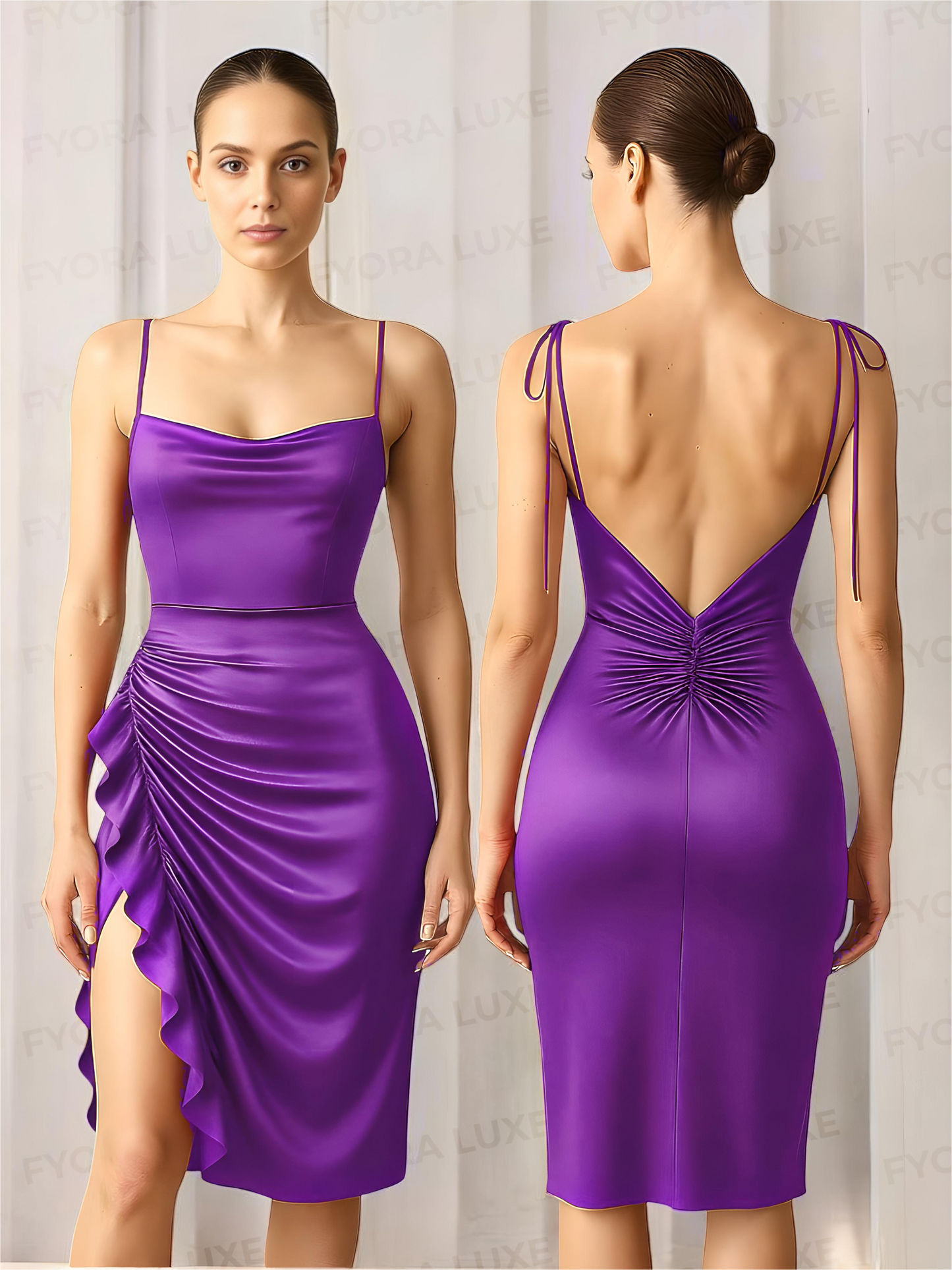 Opulent Satin Ruched Ruffle Midi Dress