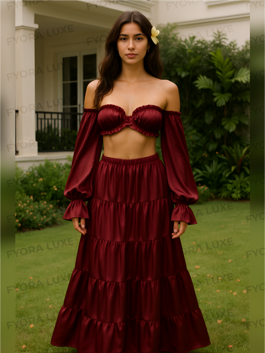Elegant Silk 2pc Set – Off-Shoulder & Tiered Skirt