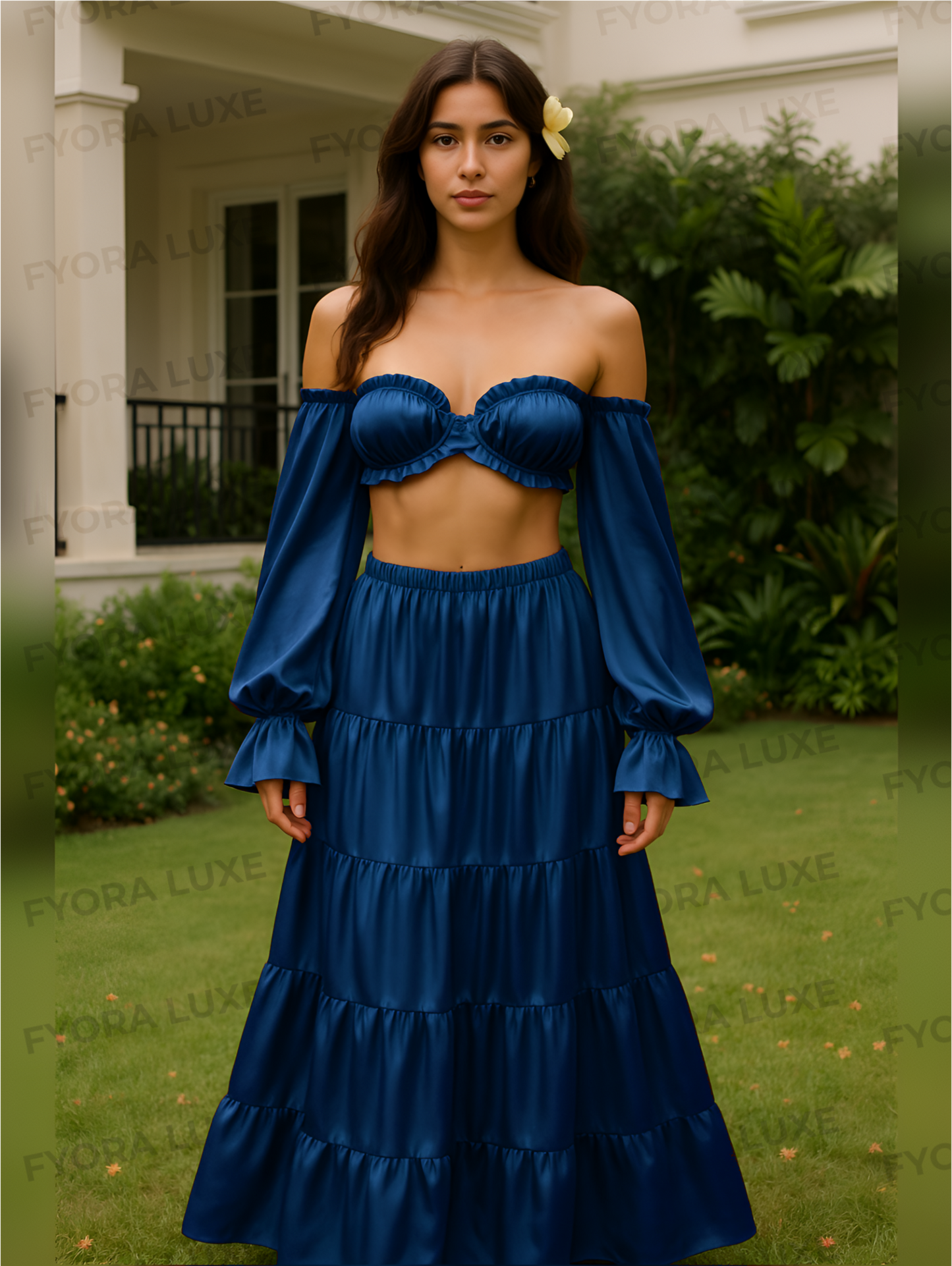 Elegant Silk 2pc Set – Off-Shoulder & Tiered Skirt