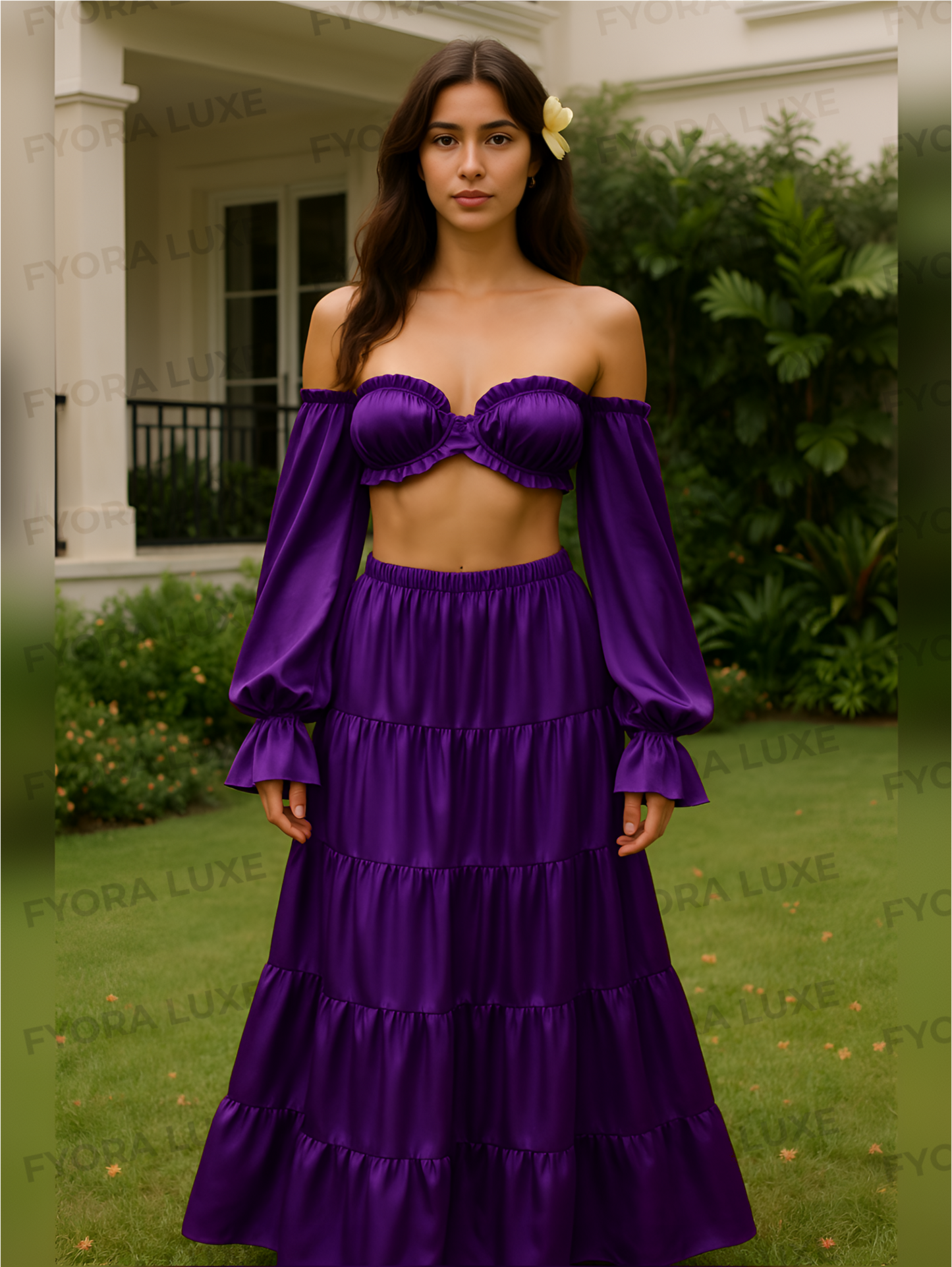 Elegant Silk 2pc Set – Off-Shoulder & Tiered Skirt