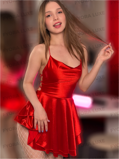 Satin Red Bliss Layered Backless Romper Maxi