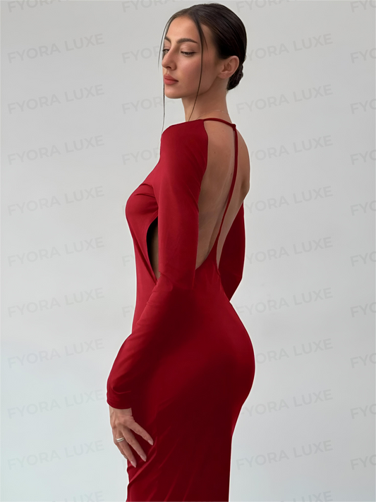 FyoraLuxe Bodycon Backless Silk Maxi Dress