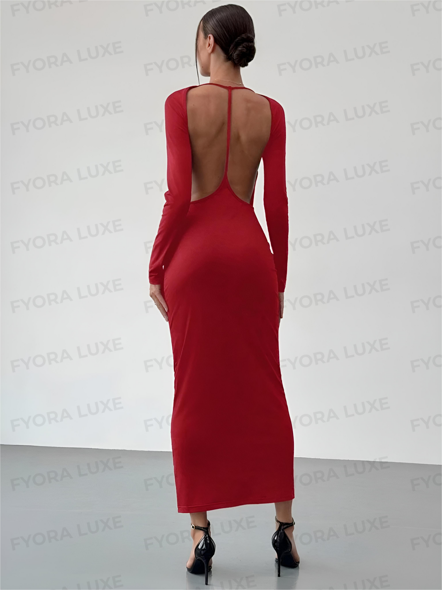 FyoraLuxe Bodycon Backless Silk Maxi Dress