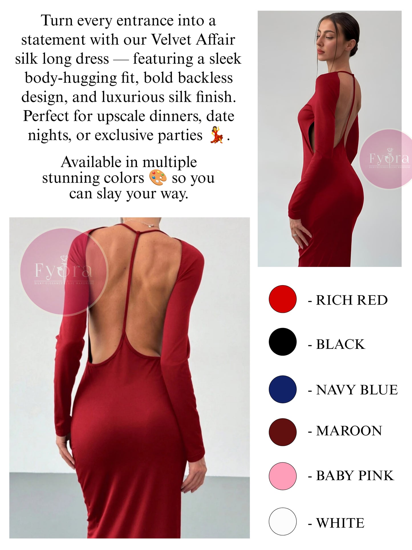 FyoraLuxe Bodycon Backless Silk Maxi Dress