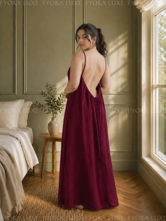 Relaxed Fit Backless Linen Maxi Dress with Spaghetti Straps