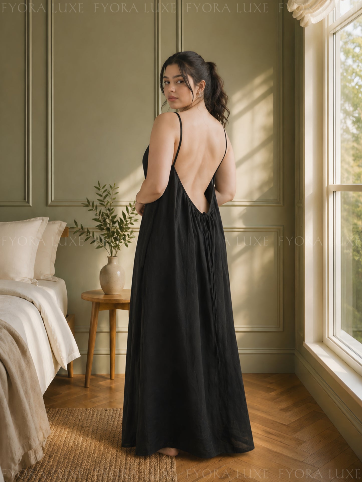 Relaxed Fit Backless Linen Maxi Dress with Spaghetti Straps