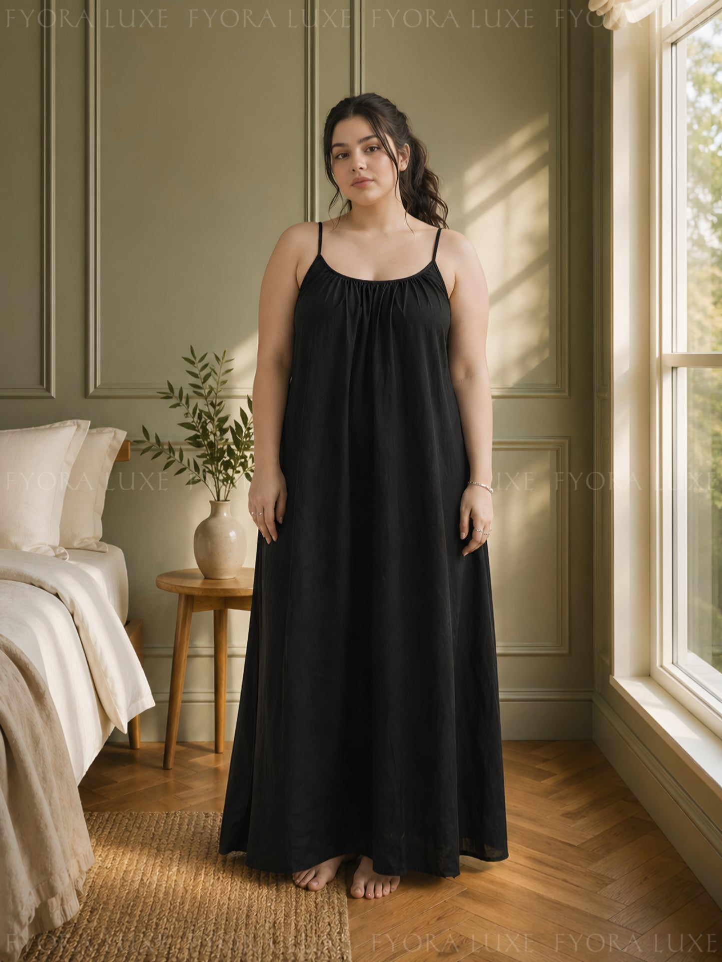 Relaxed Fit Backless Linen Maxi Dress with Spaghetti Straps