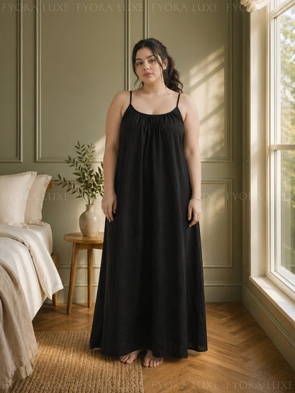 Relaxed Fit Backless Linen Maxi Dress with Spaghetti Straps