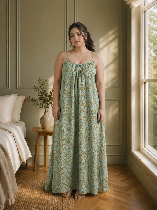 Mint Blossom Backless Linen Maxi Dress with Spaghetti Straps