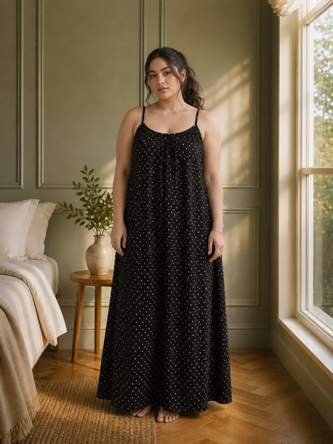 Midnight Polka Backless Linen Maxi Dress with Spaghetti Straps