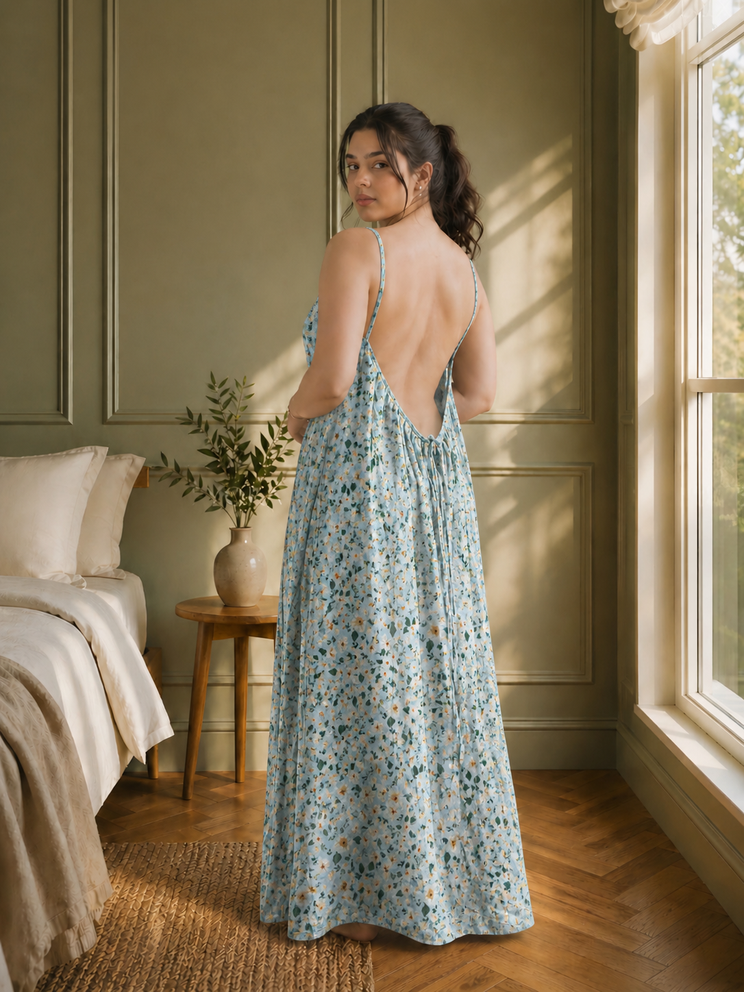 Floral Breeze Backless Linen Maxi Dress with Spaghetti Straps
