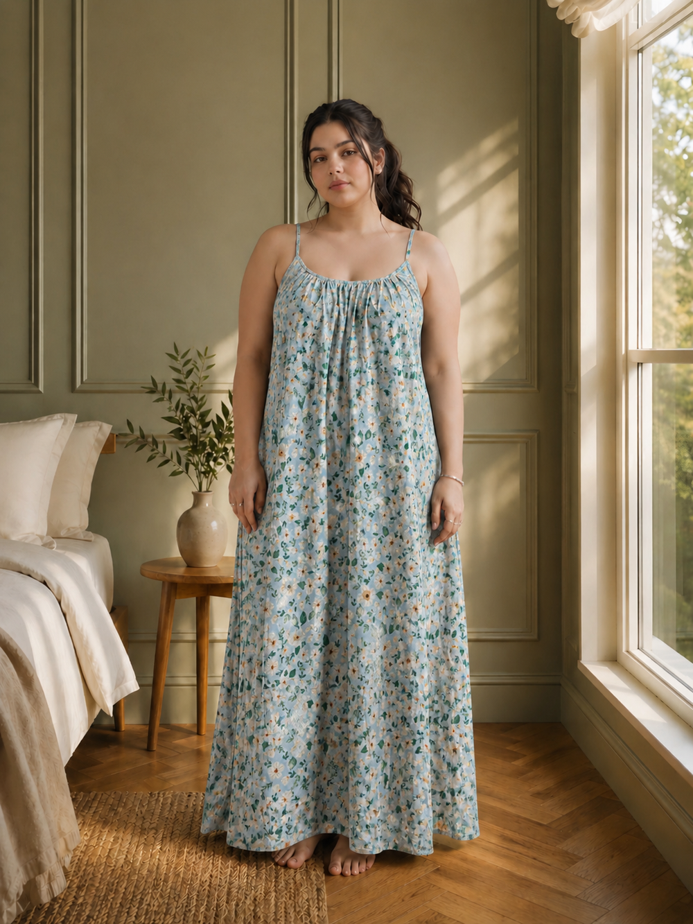 Floral Breeze Backless Linen Maxi Dress with Spaghetti Straps