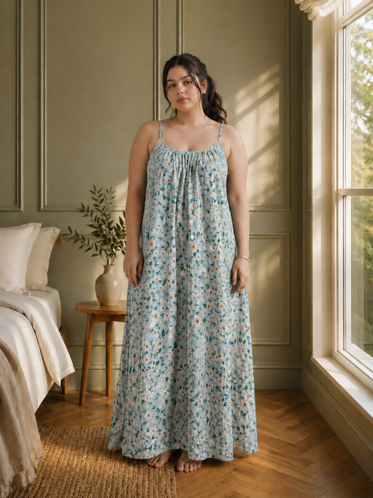 Floral Breeze Backless Linen Maxi Dress with Spaghetti Straps