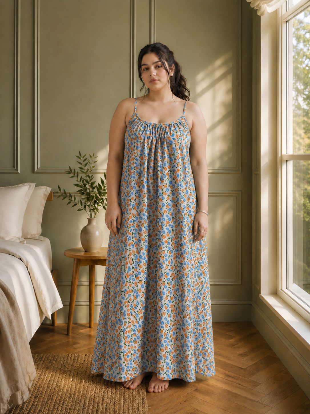 Retro Bloom Backless Linen Maxi Dress with Spaghetti Straps