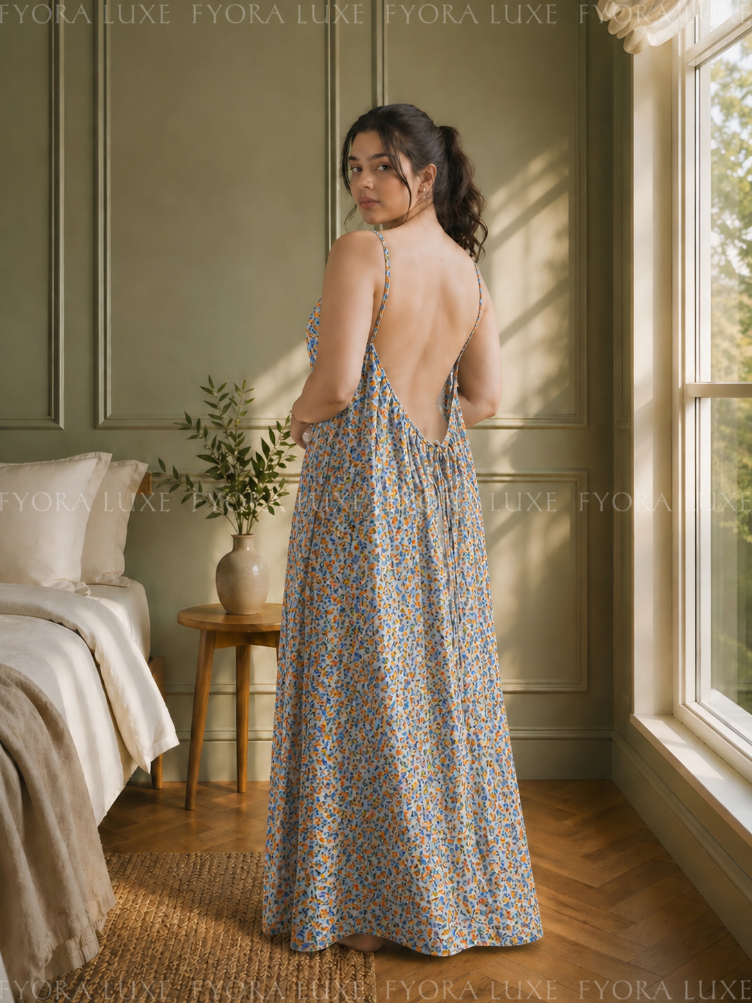 Retro Bloom Backless Linen Maxi Dress with Spaghetti Straps