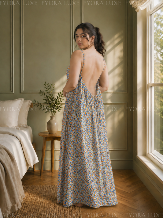 Retro Bloom Backless Linen Maxi Dress with Spaghetti Straps