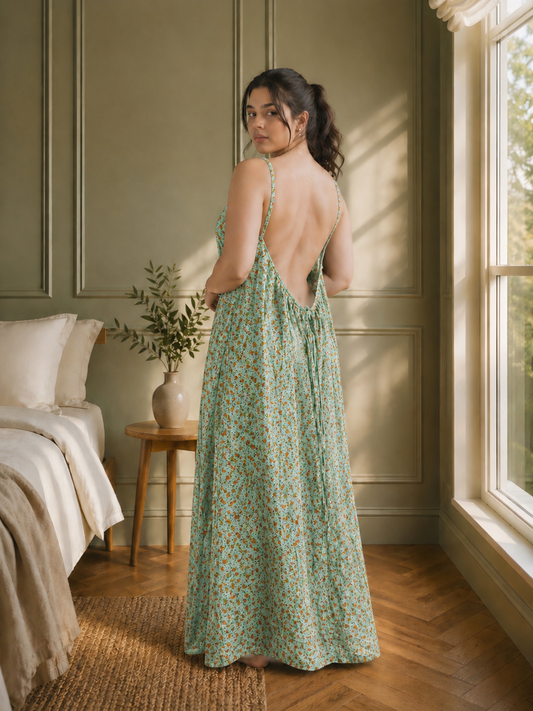 Mint Blossom Backless Linen Maxi Dress with Spaghetti Straps