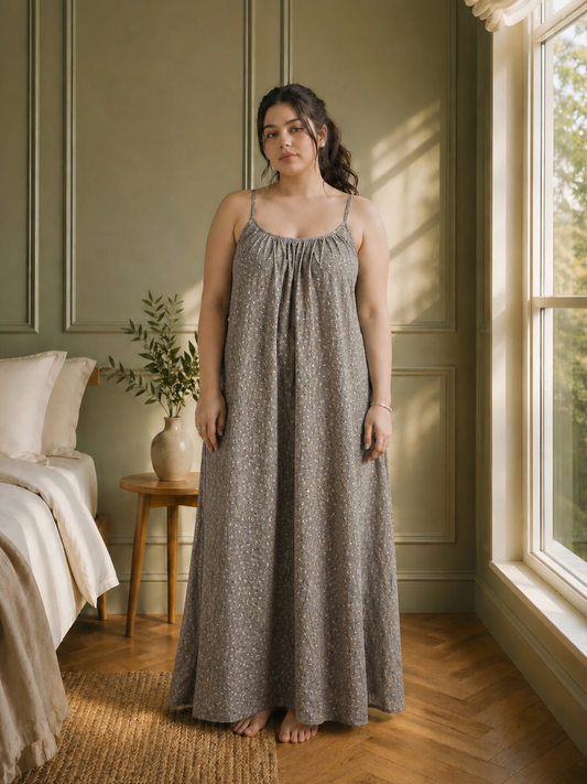 Vintage Bloom Backless Linen Maxi Dress with Spaghetti Straps