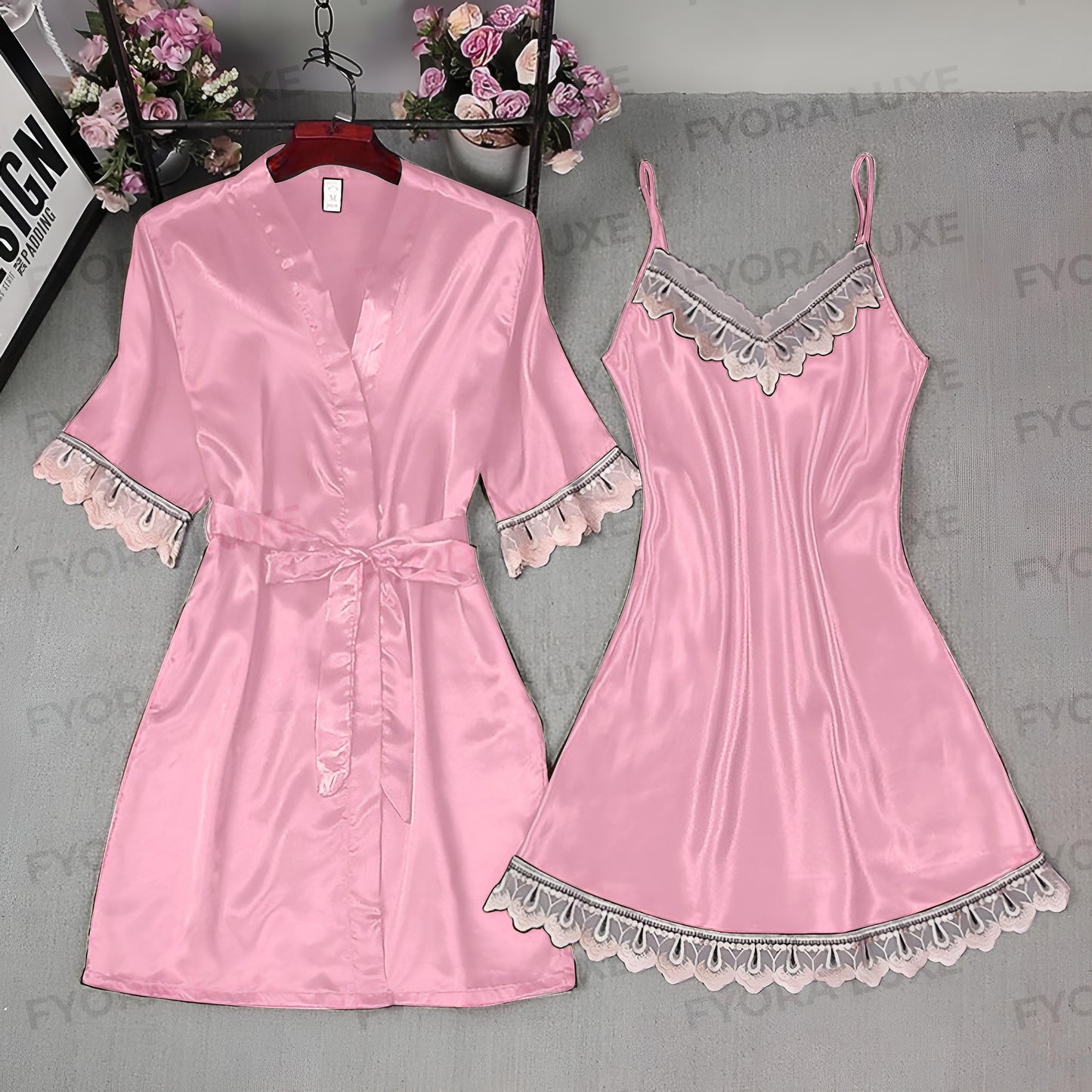 Elegant Satin Lace Trim Nightwear Set – 2pc Robe & Slip Dress