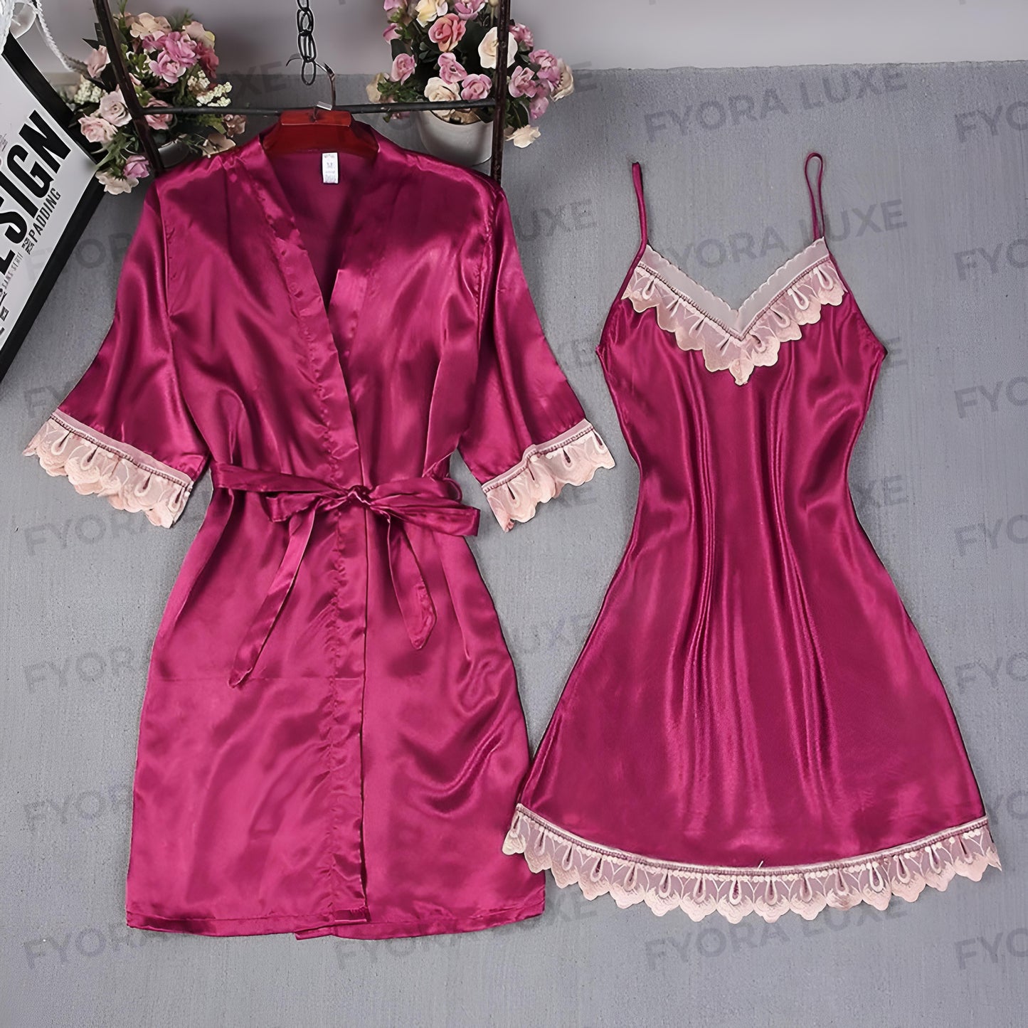 Elegant Satin Lace Trim Nightwear Set – 2pc Robe & Slip Dress