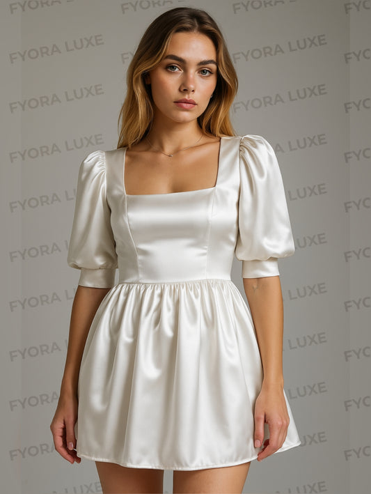 Silky Square Neck Puff Sleeve Mini Dress