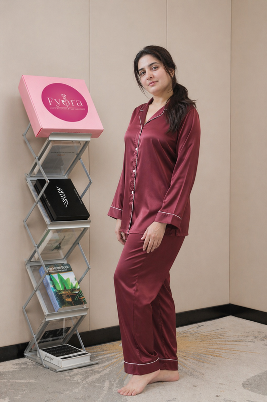 Royal Maroon Premium Silk Pajama Set - Soft Luxe Nightwear 2pc