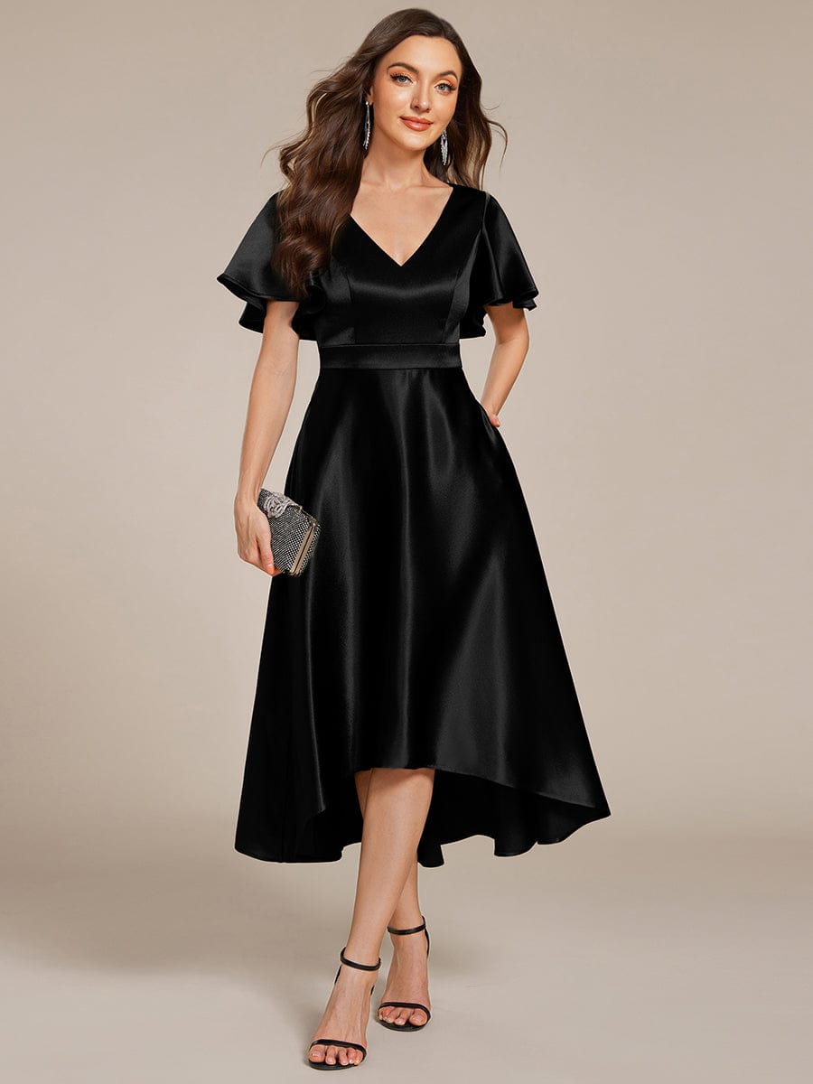 V-neck High-Low Satin (Wedding Guest) Dress with Pockets