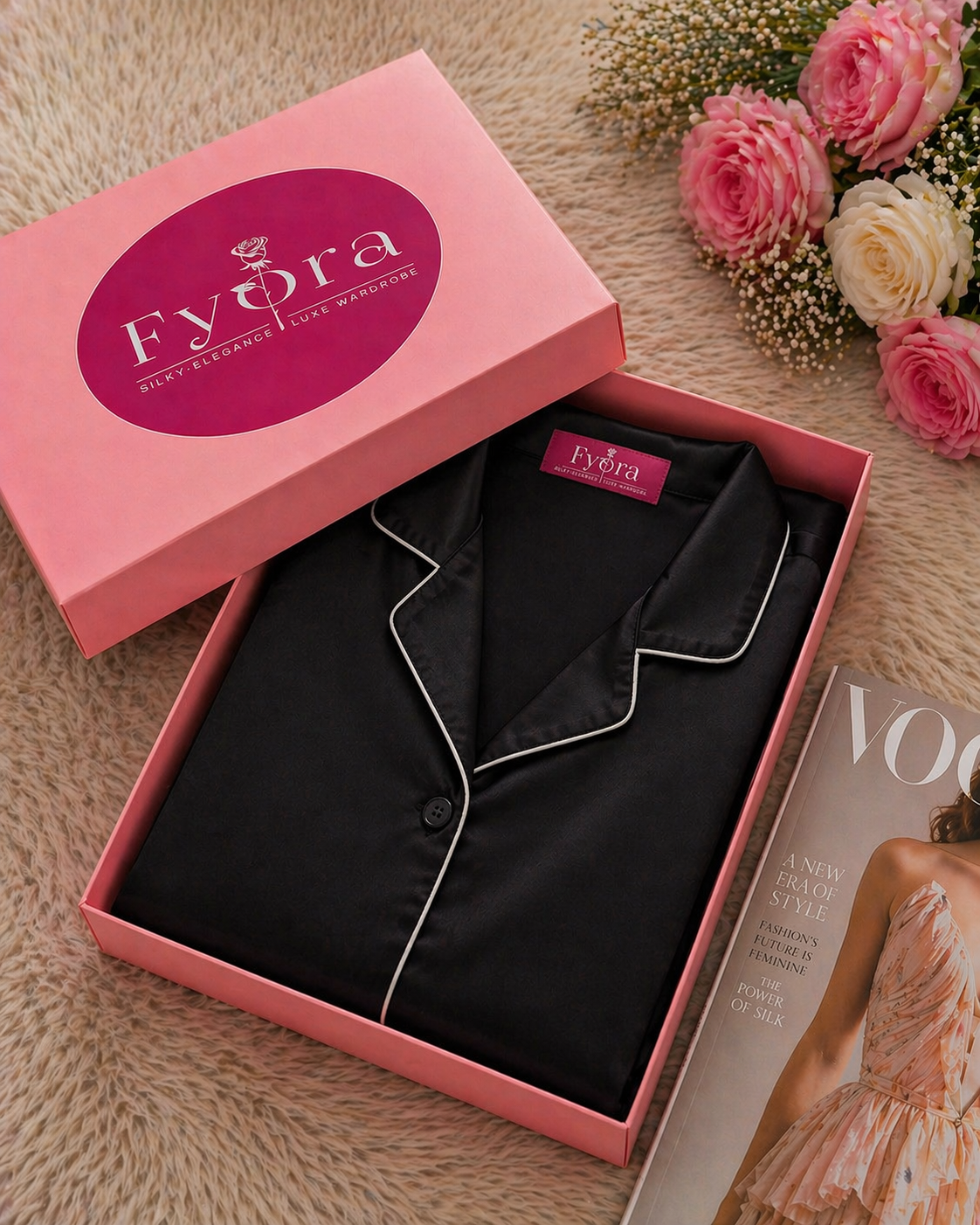 Classic Black Premium Silk Pajama Set - Elegant Nightwear 2pc