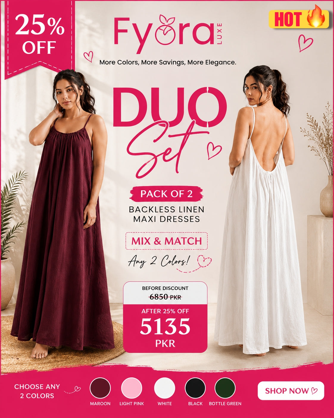 Backless Linen Maxi Duo Set - Mix & Match (Pack of 2)