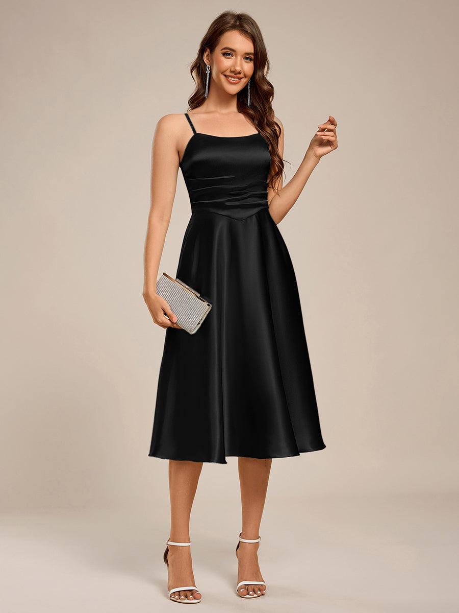 Spaghetti Strap Pleated A-Line Midi Satin Wedding Guest Dress